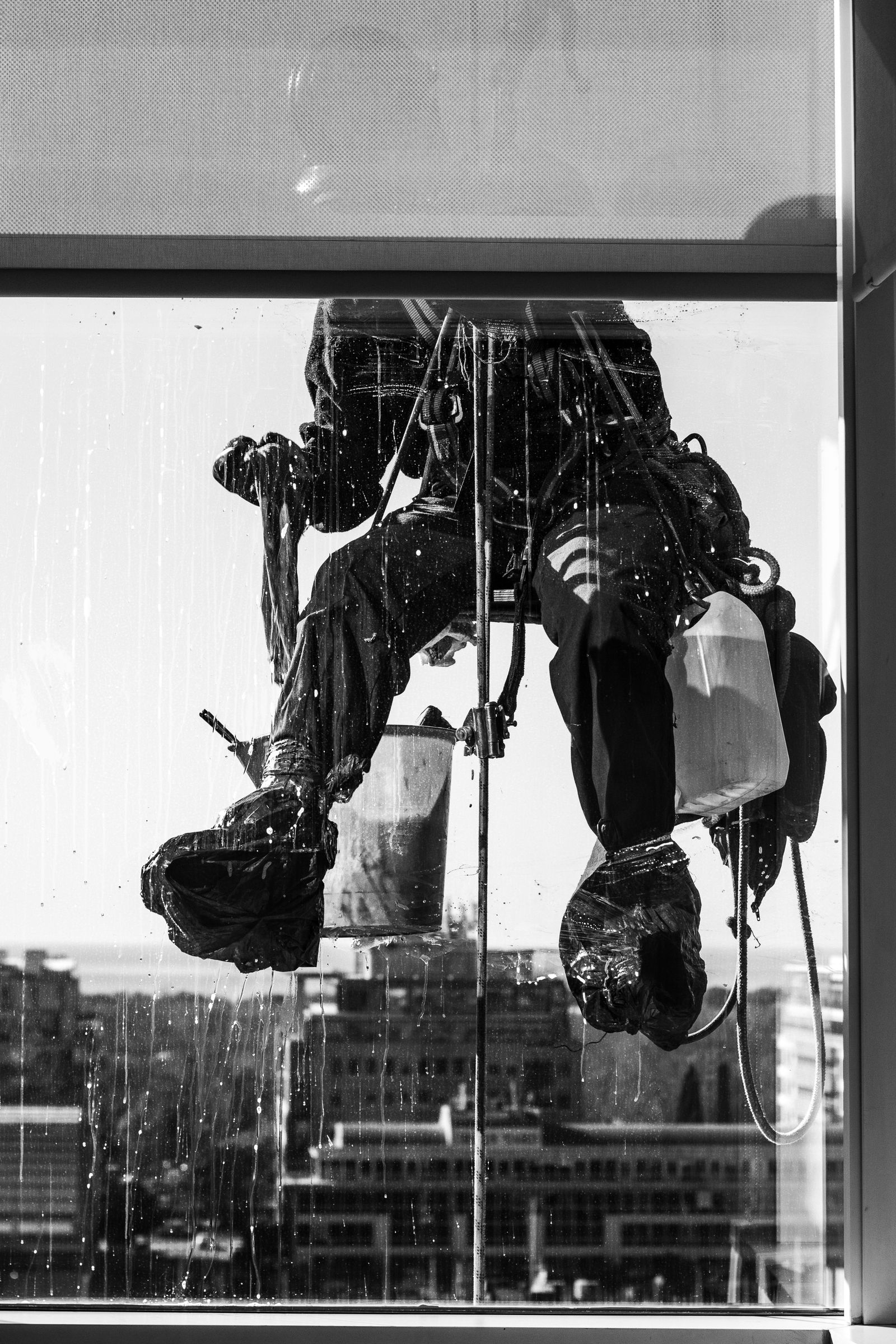 Window cleaner suspended on ropes washing a high-rise window